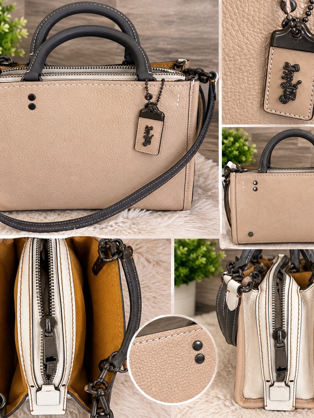 Coach Beige Pebble Leather Satchel with Black Trim and White Accents